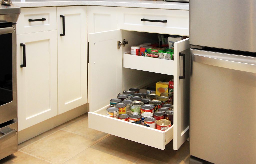 Pull-out drawers allow easy access.
