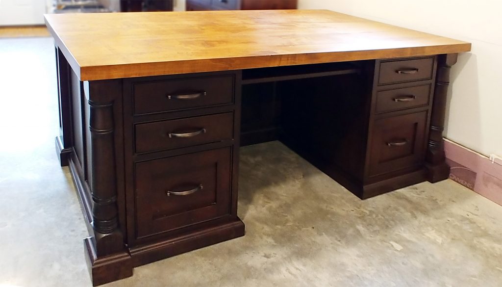 Traditional four post desk with wormy maple top