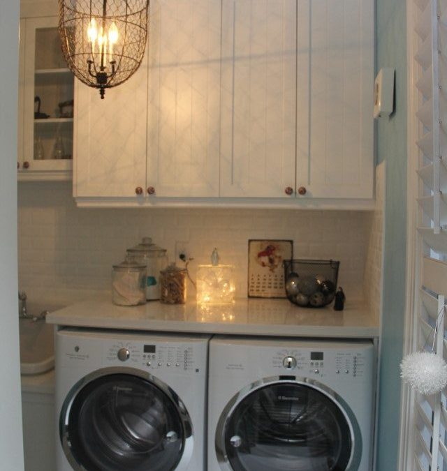 Traditional white cabinets create clean, elegant look.