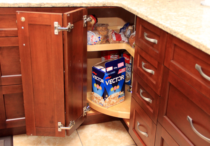 Wood Lazy Susan provides easy access corner cabinet storage